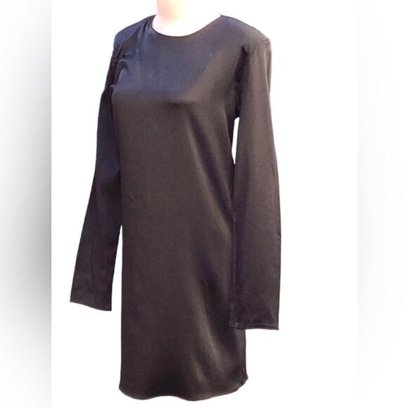 ZARA NEW WITHOUT TAG BLACK DRESS LONG SLEEVES SHINY SATIN LARGE - Picture 4 of 6